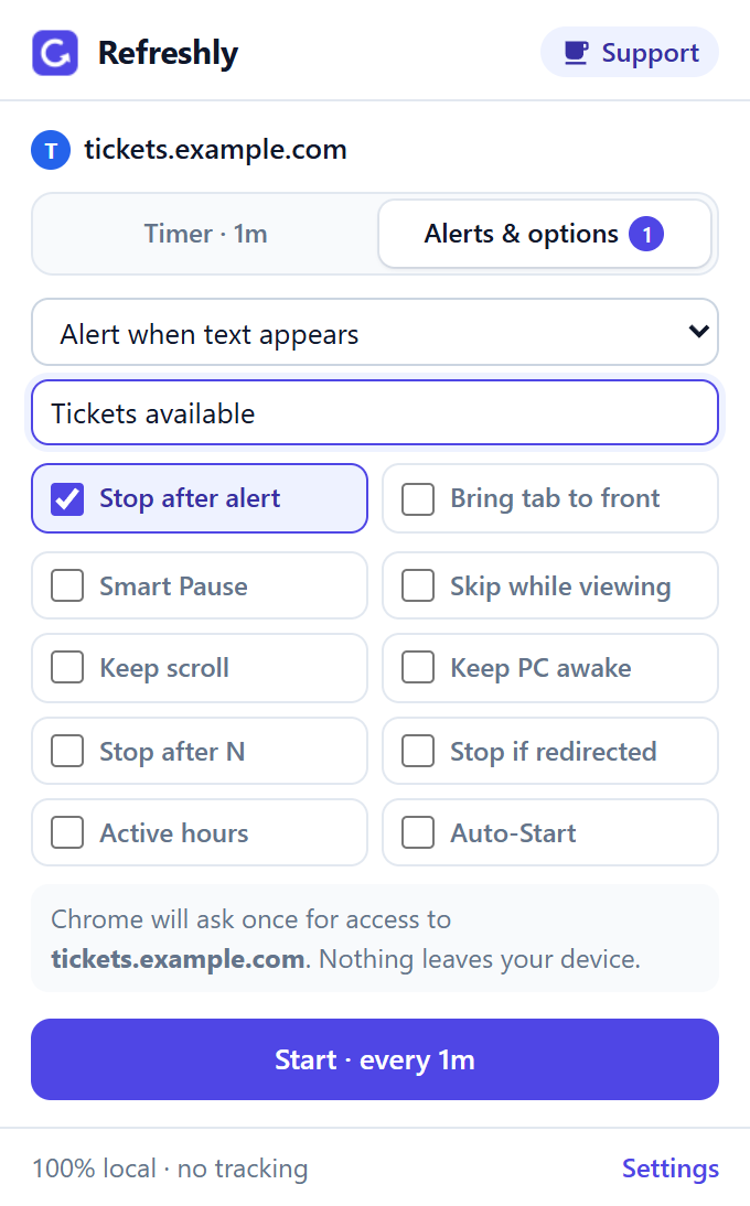 The Refreshly popup set to alert when the text “Tickets available” appears.