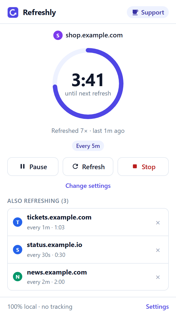 The Refreshly popup: a countdown ring showing 3:40 until the next refresh, with Pause, Refresh and Stop buttons, and three more tabs refreshing below.